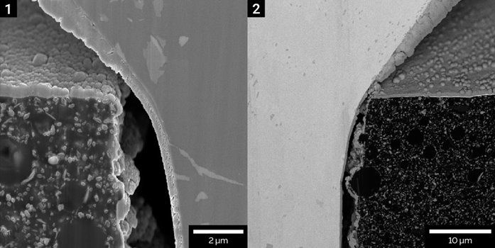Contact layers under a solder ball imaged at 5 keV with the InBeam SE detector for topographic contrast (left), and the In-Beam f-BSE detector for material contrast (right). S9000-singlebeam-01-horz_1.jpg